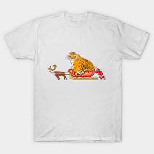 Meme fat tiger in Santa's sleigh / Year of the Tiger /New Year 2022/ Tiger 2022 T-Shirt